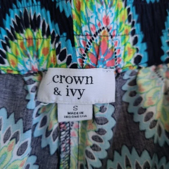 Crown & Ivy Pants S Green Blue Medallion Pull On Straight Boho Beachy Casual - Picture 6 of 9